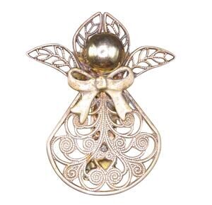Vintage Brooch Pin Gold Tone Guardian Angel With Bow Filigree Design, Gift Box